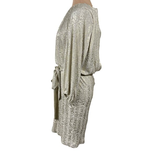 Esqualo Foil Blouson Mini Dress Gold Silver Size 6 Pleats Long Sleeve Animal Pri - Picture 2 of 12
